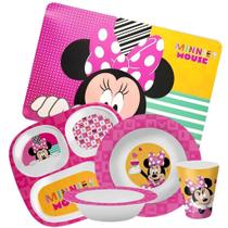 Kit Refeição Infantil Minnie Disney 5 Peças Melamina Pratos, Tigela, Copo e Lugar Americano - Tuut