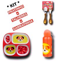 Kit Refeição Infantil Prato C/ Divisórias Garrafinha + Talheres - Meus Melhores Amigos