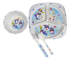 Kit Refeição Infantil Prato Com Divisórias Para Papinha Bebê Pratinho Jogo C/ 4 Pçs Alimentação Golfinho