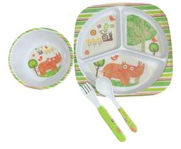 Kit Refeição Infantil Prato Com Divisórias Para Papinha Bebê Pratinho Jogo C/ 4 Pçs Alimentação Rinoceronte