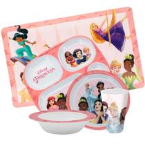 Kit Refeição Infantil Princesas Disney 5 Peças Prato Divisória, Prato Fundo, Tigela e Copo Melamina - Tuut