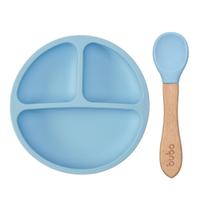 Kit Refeição Introdução Alimentar Buba Pratinho 100% Silicone com Divisórias e Ventosa e Colherzinha Silicone Cabo de Bambu BPA free