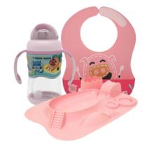 Kit Refeição Porquinha Pokey Rosa (Prato, Babador e Copo Anti-vazamento) - Marcus & Marcus
