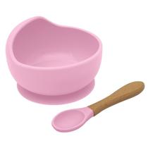 Kit Refeição Tigela Bowl Com Ventosa e Talher Em Bambu Rosa Kababy