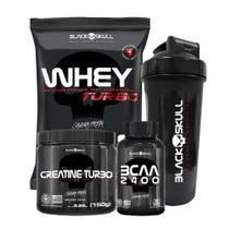 KIT - REFIL WHEY TURBO 907g + BCAA 2400 30TABS + CREATINA 150g - Coqueteleira Black - BLACK SKULL