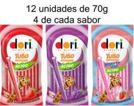 Kit Regaliz Tubo Recheado Ácido Dori (Morango, Uva e Yogurte) - 12 unds de 70g / 4 de cada