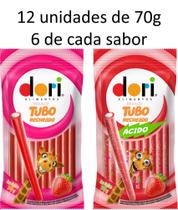 Kit Regaliz Tubo Recheado Dori (Morango e Morango Ácido) - 12 unds de 70g / 6 de cada