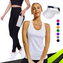 Kit REGATA DRY Tecido Furadinho + CALÇA leg LEGGING BOLSOS + Viseira DRY Conjunto Fitness 1006