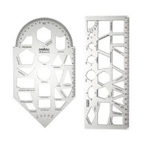 Kit Régua Escolar Gabarito Para Geometria + Formas Geométricas Cristal - Waleu