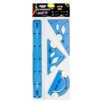 Kit Régua Jogo Geométrico Flexível Não Quebra c/4 Peças Rosa/Azul - Brw