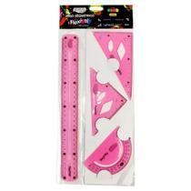 Kit Régua Jogo Geométrico Flexível Não Quebra c/4 Peças Rosa/Azul - Brw