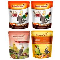 Kit Reino das Aves Com 2 Mix de Sementes + Ração Extra Gold Calopsita Frutas + Farinhada R.A Criador Parrots