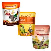 Kit Reino das Aves - Gold Mix de Sementes 500g + Ração Extra Gold Calopsita Frutas 400g + Farinhada R.A Criador Parrots