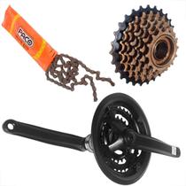 Kit Relação Bike Corrente Catraca Pedivela Triplo Bicicleta Mtb 21V Completo 3 Peças 7V Aço