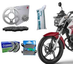 Kit Relação Retentor Scud + Graxa Branca + Lona + Pastilha Cobreq Cg Titan Fan Cargo Ks Es Esd Mix Flex Tração Corrente Coroa Pinhão Aço 1045 Reforçad