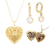 Kit Relicário com fotos coração colar e brinco argola ouro 18k Banhado