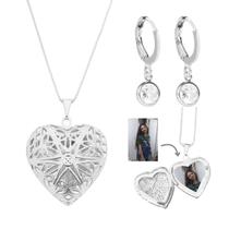 Kit Relicário com fotos coração colar e brinco argola ouro 18k Banhado