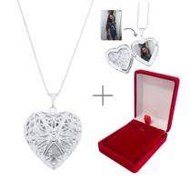 Kit Relicário coração luxo Banhado a prata + Caixa de Veludo