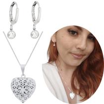 Kit Relicário coração luxo e brinco argola banhado em Prata 925 Kit Relicário coração luxo e brinco argola banhado em Prata 925