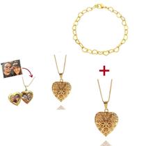 Kit Relicário coração luxo e Pulseira banhado ouro 18k Kit Relicário coração luxo e Pulseira banhado ouro 18k