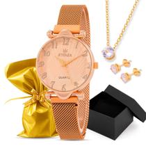 Kit Relógio Atenza Metal Rose Esteira + Colar e Brinco