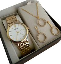Kit Relógio Champion Dourado Feminino Ch22091w + Brincos E Colar ORIGINAL NF OURO18K BARATO!
