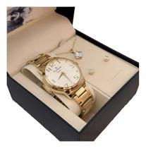 Kit Relógio Champion Dourado Feminino com Colar e Brincos Ponto de Luz Original com Garantia e Nota Fiscal