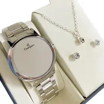 Kit Relógio Champion Feminino CH40115Q Original Colar e Brinco Prateado Presente Digital