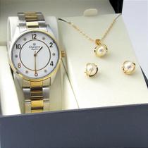 Kit Relógio Champion Feminino CN25690F Colar + Brincos