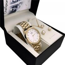 Kit Relógio Champion Feminino com Brinco e Colar Dourado Original