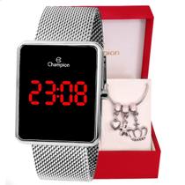 Kit Relógio Champion Feminino Digital Quadrado Prata CH40083T + Pulseira Berloques