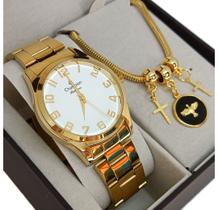 Kit Relógio Champion Feminino Dourado A Prova Dágua Nota Fiscal e Garantia Com Pulseira CN29883b Kit Relógio Champion Feminino Dourado A Prova Dágua Nota Fiscal e Garantia Com Pulseira CN29883b