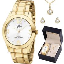 Kit Relógio Champion Feminino Dourado Com Colar e Brincos CH24268D Analógico 5 Atm Tamanho Médio Kit Relógio Champion Feminino Dourado Com Colar e Brincos CH24268D Analógico 5 Atm Tamanho Médio