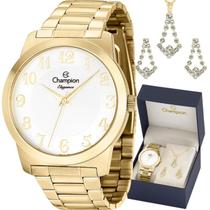 Kit Relógio Champion Feminino Dourado com Colar e Brincos CN26386W