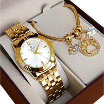 Kit Relógio Champion Feminino Dourado Original à Prova D'Água com NF Garantia 1 Ano e Pulseira 699H