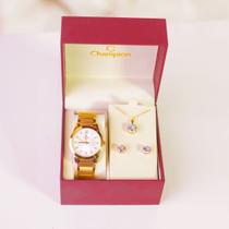 Kit relógio Champion Feminino Dourado Original garantia a prova d'agua colar e brincos