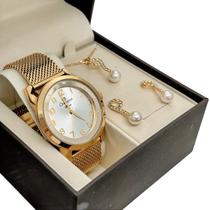 Kit Relógio Champion Feminino Dourado Pulseira de Malha Mesh com Colar e Brinco Original com Garantia Kit Relógio Champion Feminino Dourado Pulseira de Malha Mesh com Colar e Brinco Original com Garantia