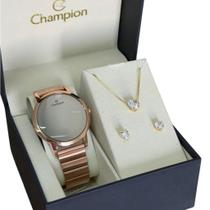 Kit Relogio Champion Feminino Led Digital Prateado Dourado Espelhado + Colar e Brinco