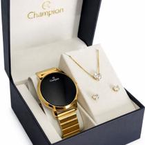 Kit Relogio Champion Feminino Led Digital Prateado Dourado Espelhado + Colar e Brinco