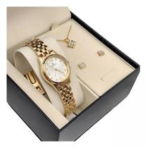 Kit Relógio Champion Feminino Original Com Colar e Brincos Dourados com Nota Fiscal e Garantia
