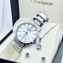 Kit Relógio Champion Feminino Original Correia E Fundo Prateado com Colar e Brincos