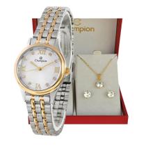 Kit Relógio Champion Feminino Pequeno Analógico Prata e Dourado Ch24900c com Colar e Brincos