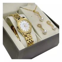 Kit Relógio Champion Feminino Pequeno com Fundo Branco e com Colar e Brinco Dourados Original Nf