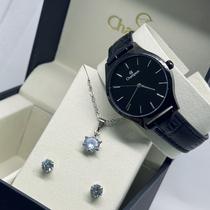 Kit Relógio Champion Feminino Preto com Pulseira de Couro com Colar e Brinco Nota Fiscal e Garantia