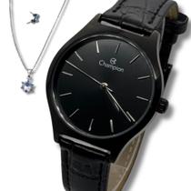 Kit Relógio Champion Feminino Preto Couro + Colar Brinco Nf