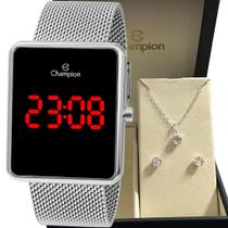 Kit Relógio Champion Original Feminino CH40080T Colar e Brincos Prateado Folheado Digital
