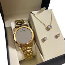 Kit Relógio Champion Original Feminino charmoso Dourado com coração colar e brincos