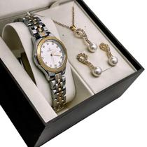 Kit Relógio Champion Pequeno Feminino com Brinco e Colar Original de Prata e Dourado com Nota Fiscal