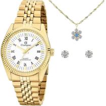 Kit Relógio + Colar e Brincos Champion Dourado Feminino CH24777W