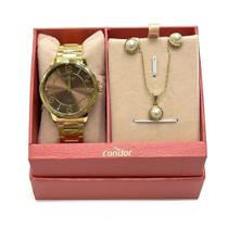 Kit relógio condor copc21aedn/k4m colar e brincos dourado feminino
